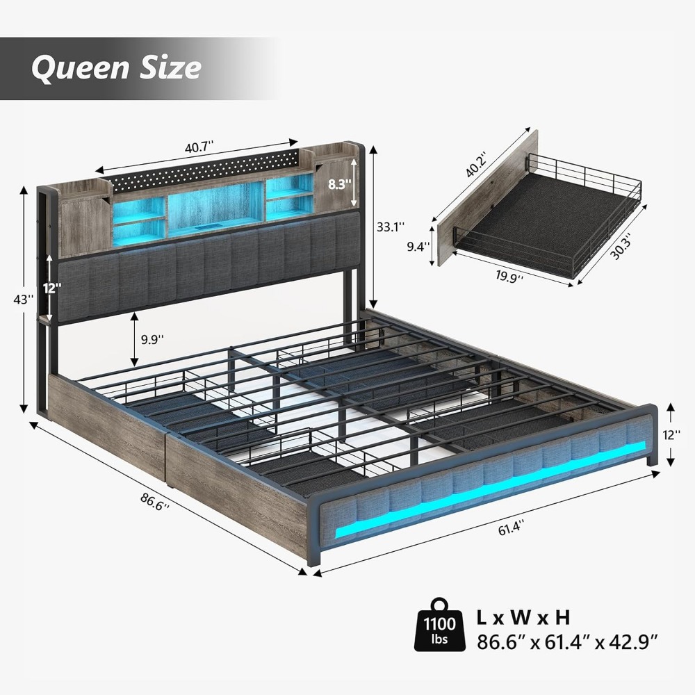 Queen Bed Frame with 4 Storage Drawers and Bookcase Headboard, Type-C & USB Charging Station, Metal Platform Bed with Storage