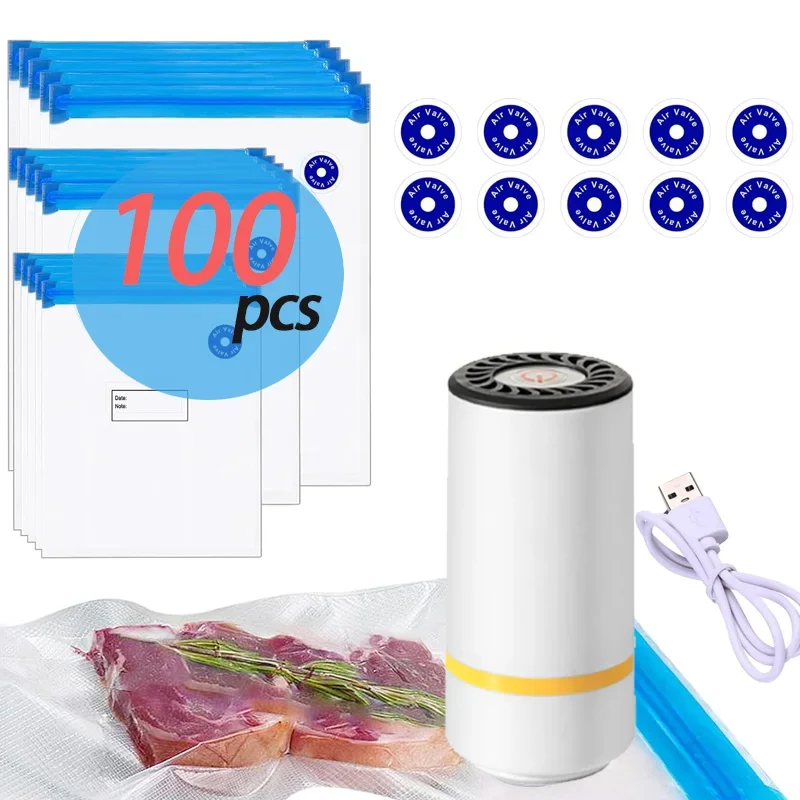 Sellador al vacío portátil de operación automática fácil con una sola mano, evita la contaminación transversal de alimentos + 100 Uds.