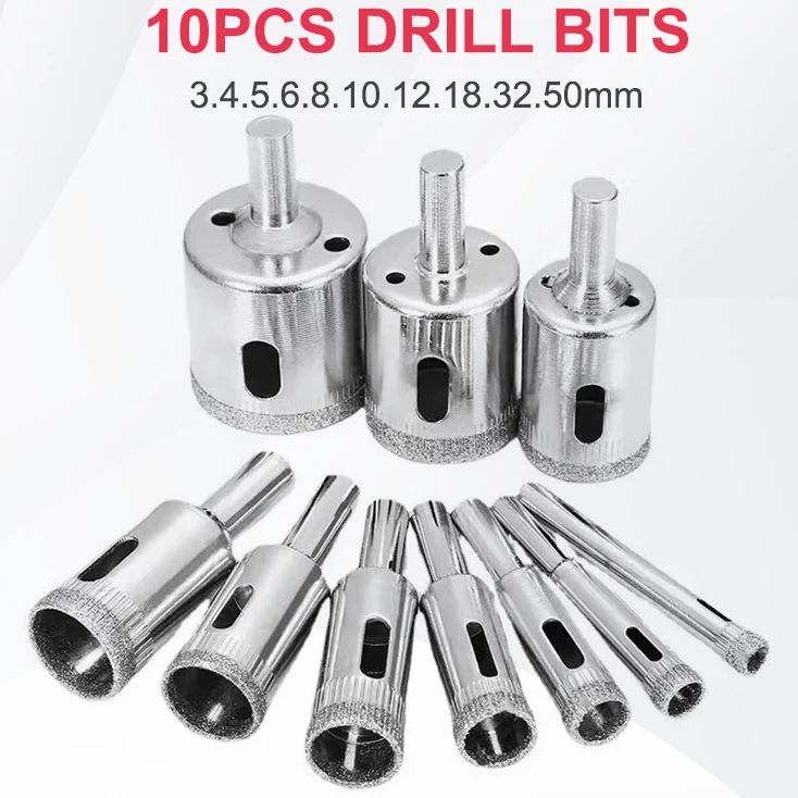 10 pces/15 pces 3-50mm diamante revestido buraco viu núcleo broca para telha de porcelana mármore vidro cerâmica ferramentas de corte broca