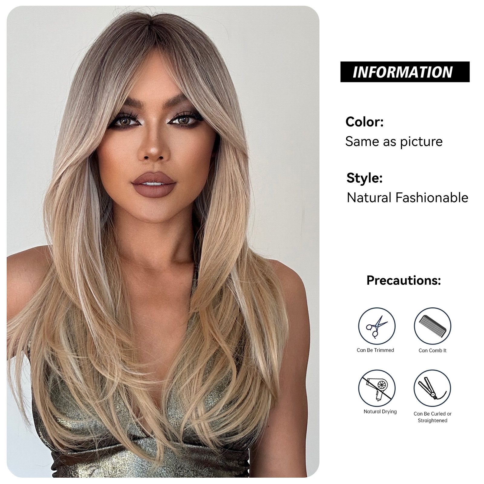 Perucas retas longas para mulheres, peruca loura de platina com franja, cabelo natural, resistente ao calor, uso diário, cosplay