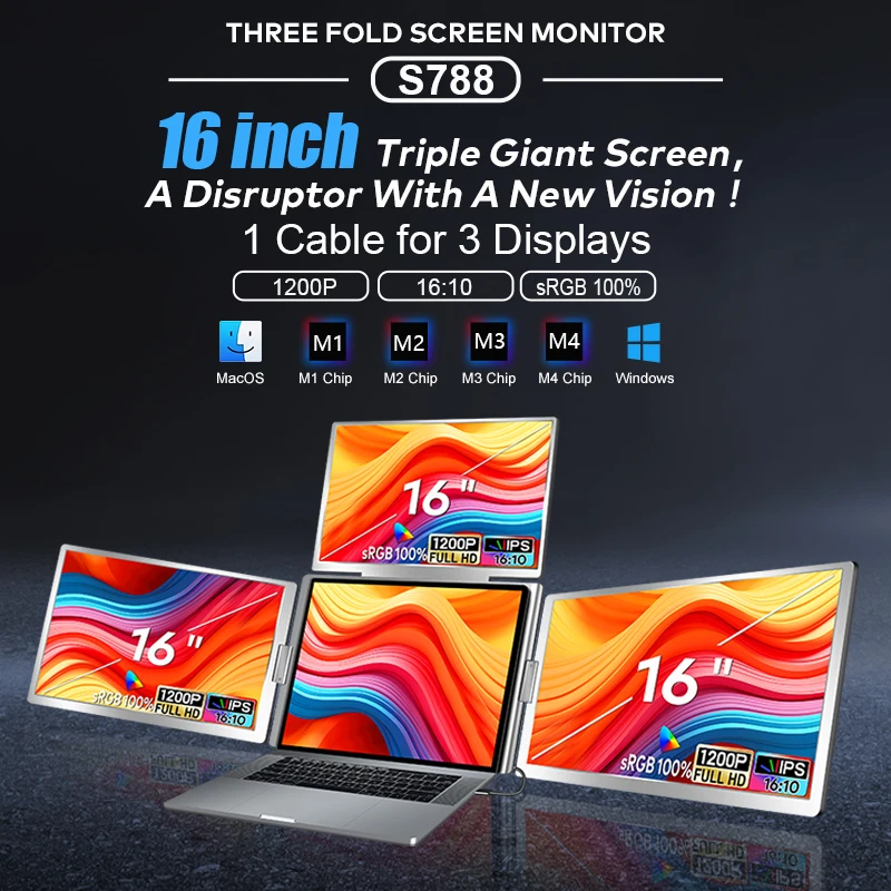 Extensor para computadora portátil Pantalla de 3 pantallas Monitor dual triple cuádruple portátil de 16 pulgadas Compatible con Win/Mac M1/M2/M3/M4 de 12-18,5 pulgadas