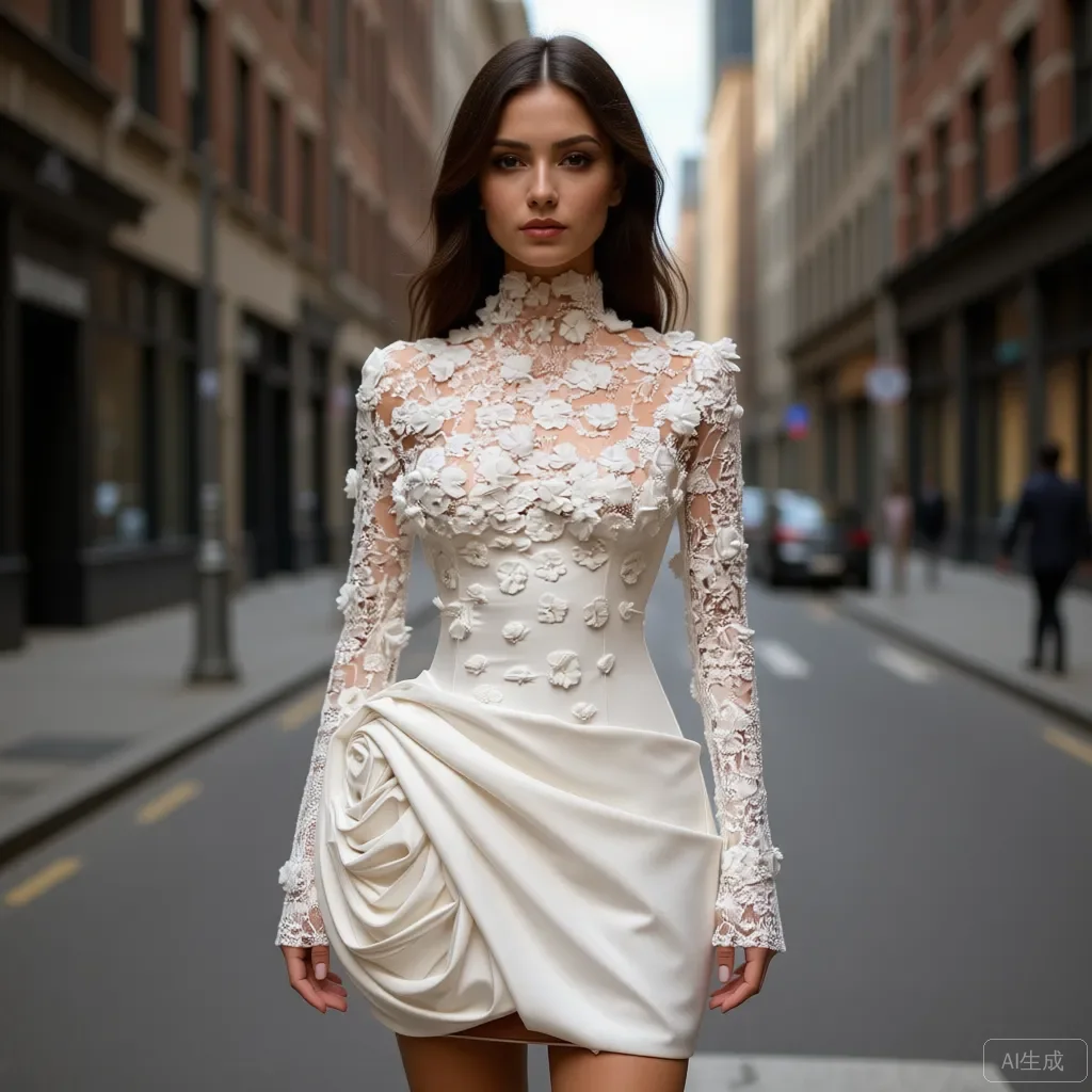 2026 Neues elegantes weißes Spitzenkleid Stehkragen Lange Spitzenärmel Asymmetrischer kurzer Rock 3D-Blumenapplikationen Hochzeitskleid H