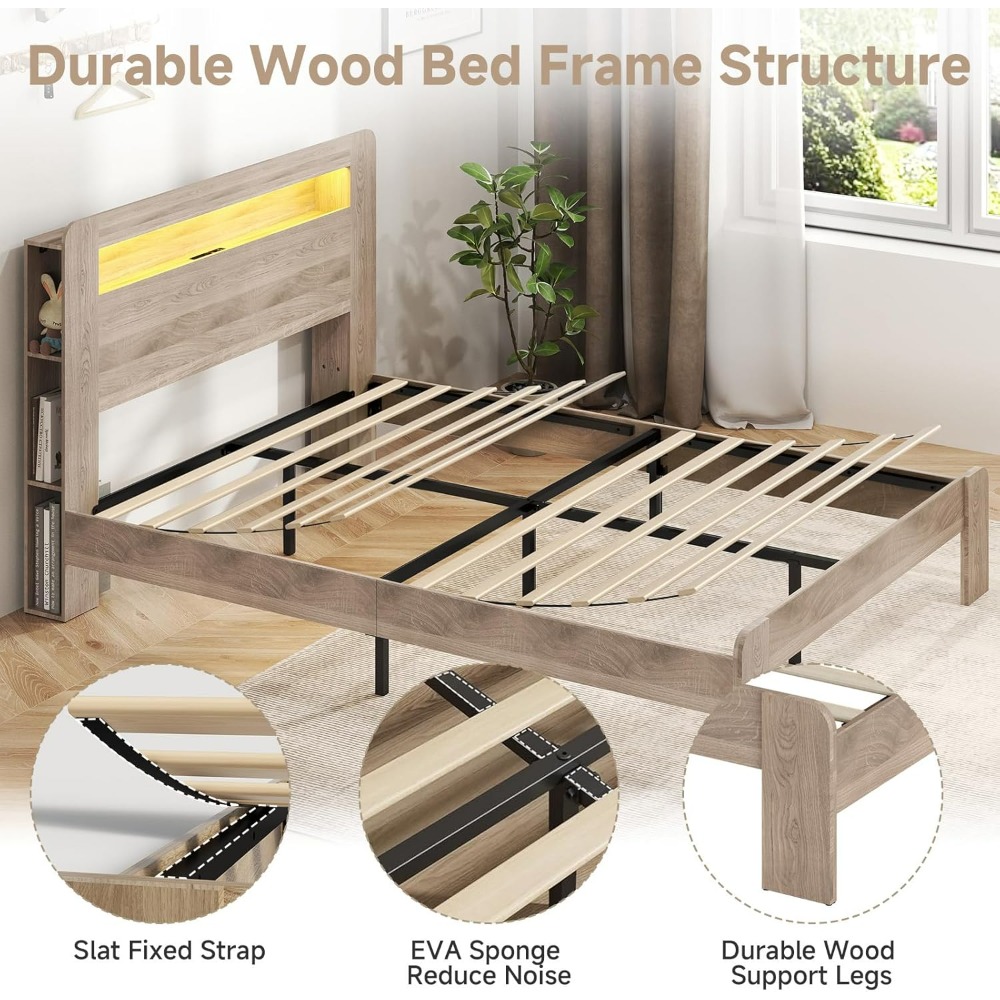 Queen Bed Frame with Headboard, LED Lights, Charging Station with 2 USB Ports & 2 AC Outlets, Sturdy Wood Framework, Noiseless