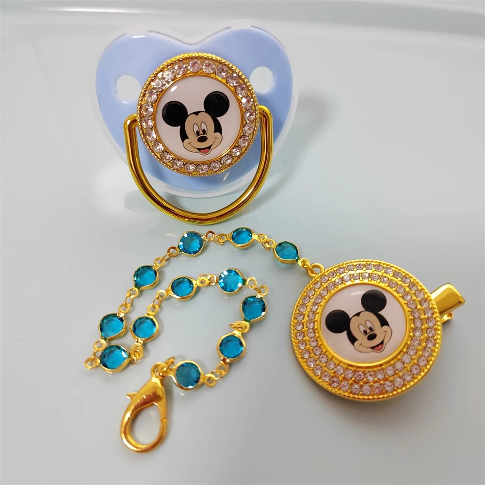 Mickey Mouse Head Baby Pacifier Pearl Chain clip Newborn BPA free Deluxe Bling Pacifier Silicone dummy Soother Chupeta0-24 month