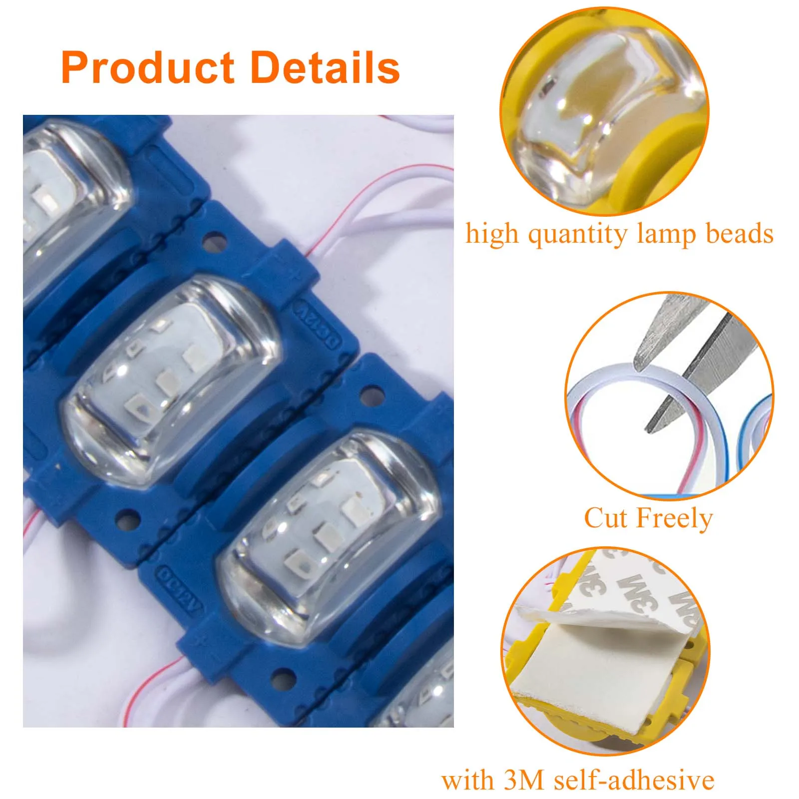 20pcs COB LED Módulo Sinal de luz DC 12V à prova d'água para iluminação publicitária de vitrine com fita adesiva