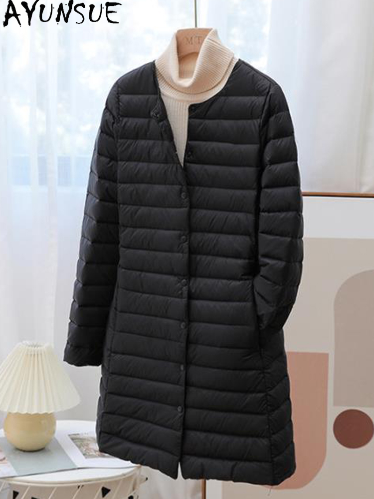AYUNSUE Winter Ultra Light Thin White Duck Down Coat Women Autumn Winter Long Slim Warm Basic Puffer Jacket Chamarras Para Mujer