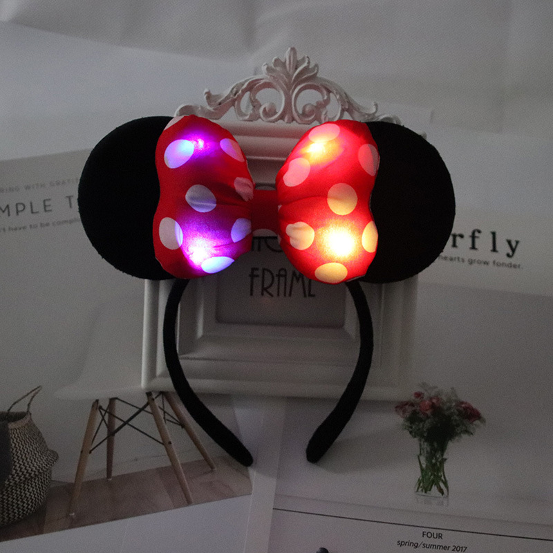 Đèn LED Đeo Đầu Chuột Minnie Tai Nơ Chấm Bi Dạ Quang Băng Đô Quấn Tóc Flash Trẻ Em Đèn Phụ Kiện Tóc Đèn Nhiều Màu Sắc Đồ Chơi