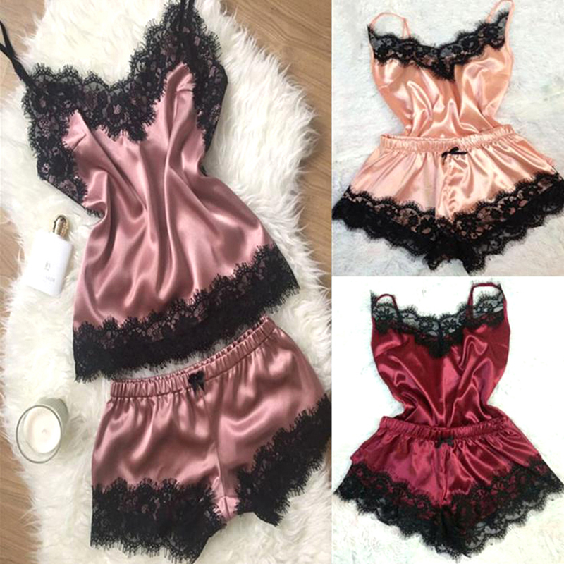 Conjunto de pijama Sexy sin mangas para mujer, camisola de satén con encaje recortado, 1 Juego