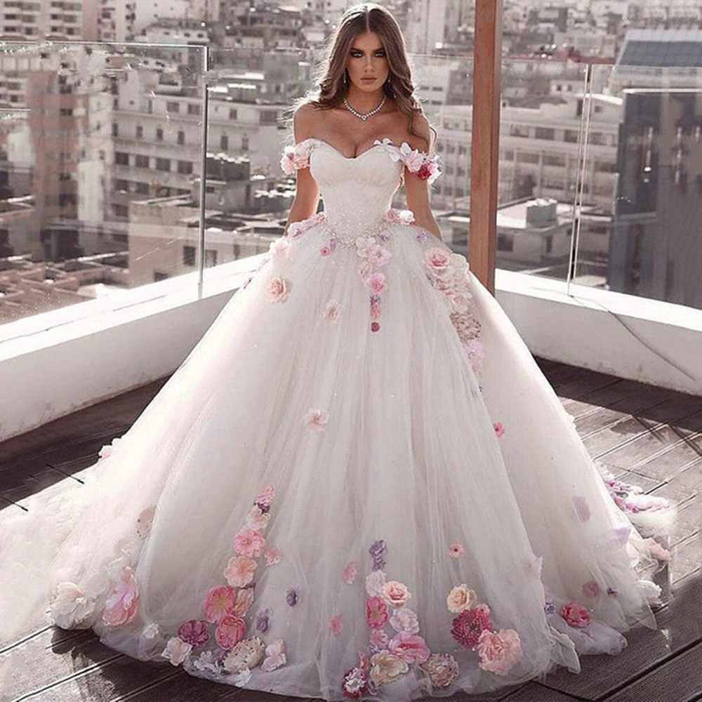 3d Blume Ballkleid Prinzessin Brautkleider Schatz aus der Schulter fegen Zug Brautkleid plus Größe Robe de Soirée de Mariage