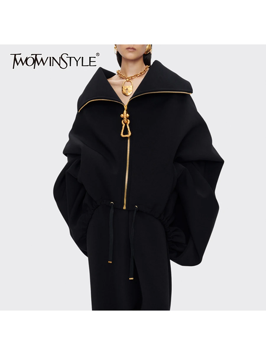 TWOTWINSTYLE однотонные свободные модные куртки на молнии для женщин с лацканами и длинными рукавами в стиле пэчворк, повседневная куртка на шнуровке, женская новинка