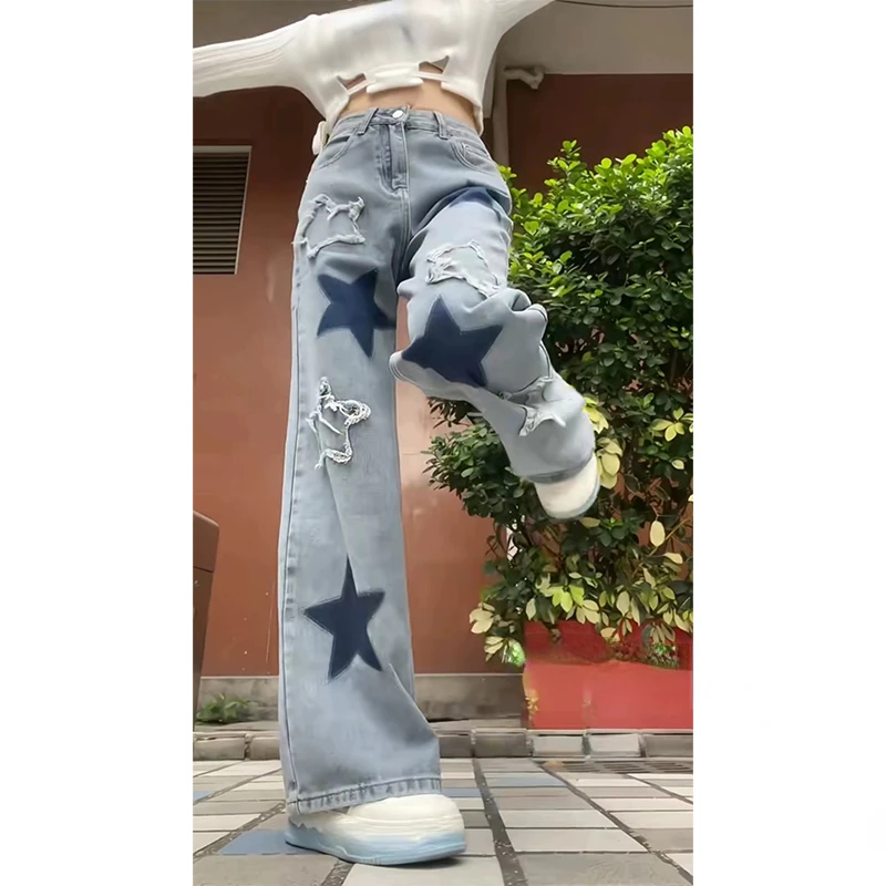 女性用ブルーデニムジーンズ,ハラジュクハイウエスト,ワイドレカウボーイ,90年代の服,y2k,2000s, 2024