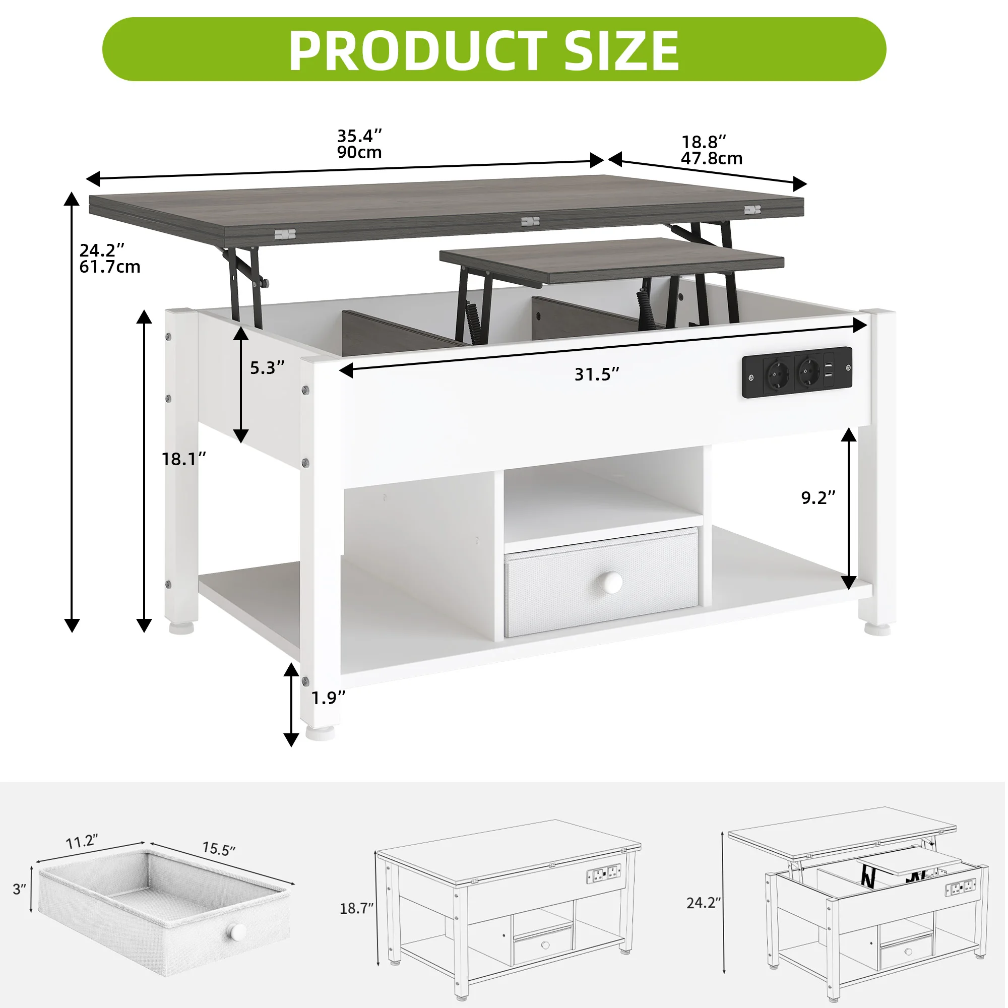 YITAHOME Table basse 4 en 1 blanche et grise – Hauteur réglable, convertit en table à manger avec rangement et éclairage LED