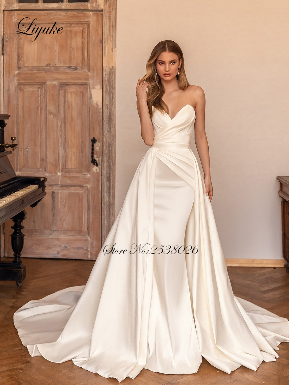 Liyuke elegante Satin 2 in 1 Meerjungfrau Brautkleider geraffte Falten träger los von der Schulter Trompete Brautkleid