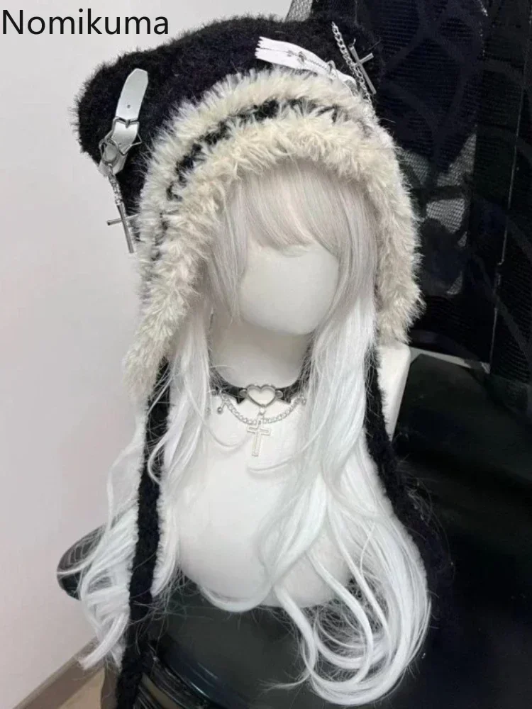 Gorro con orejas de gato tejido Harajuku gótico Lolita Y2K para mujer, gorro negro de invierno con diseño Punk cruzado de murciélago, bonito gorro, accesorios para mujer