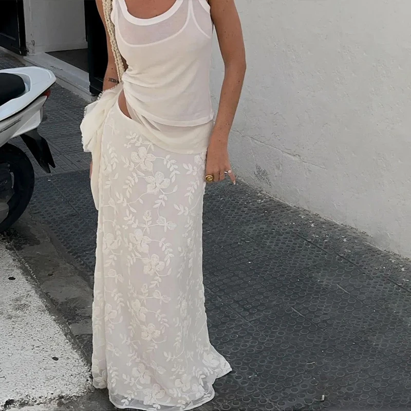 Candyhot Elegant ภาษาฝรั่งเศสคํา A-Line ตาข่ายแฟชั่นกระโปรงยาววินเทจสูงเอว Casual Y2K ฤดูใบไม้ผลิฤดูร้อนชุดราตรีใหม่ Maxi กระโปรง