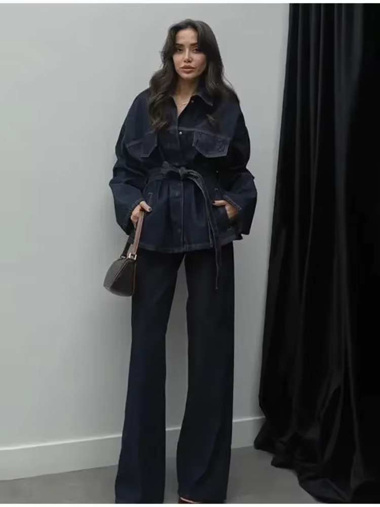 Pantalones vaqueros rectos de cintura alta Retro para mujer, traje informal con cordones y solapa, conjunto de chaqueta vaquera con bolsillo y botones, trajes de calle para primavera 2025