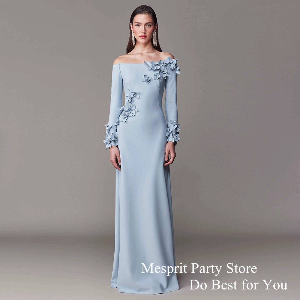 Vestido de noite azul claro personalizado barco pescoço mangas compridas flores em linha reta vestidos de ocasião formal vestido de baile árabe saudita