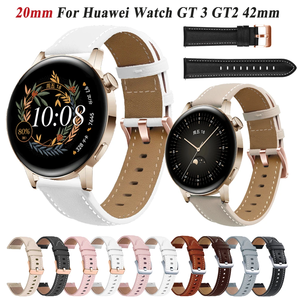 Correa de reloj de cuero de 20mm para Huawei Watch GT 3 2 GT2 42mm GT3 Pro 43mm reemplazo de pulsera para Magic Watch 2 correa de 42mm