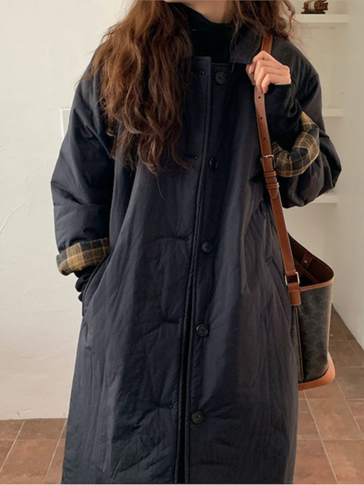 Herfst Winter Koreaans Leger Groen Warm Jasje Revers Geruite Mouwen Rechte Jas Mode Medium Lange Dames Puffer Gewatteerde Buitenkleding