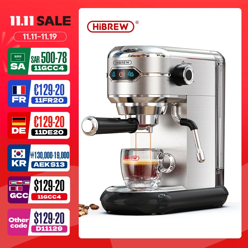 HiBREW Kaffeemaschine Cafetera 20-Bar Inox Halbautomatisch Superschlank ESE POD & Pulver Espresso Cappuccino Maschine Heißwasser H11