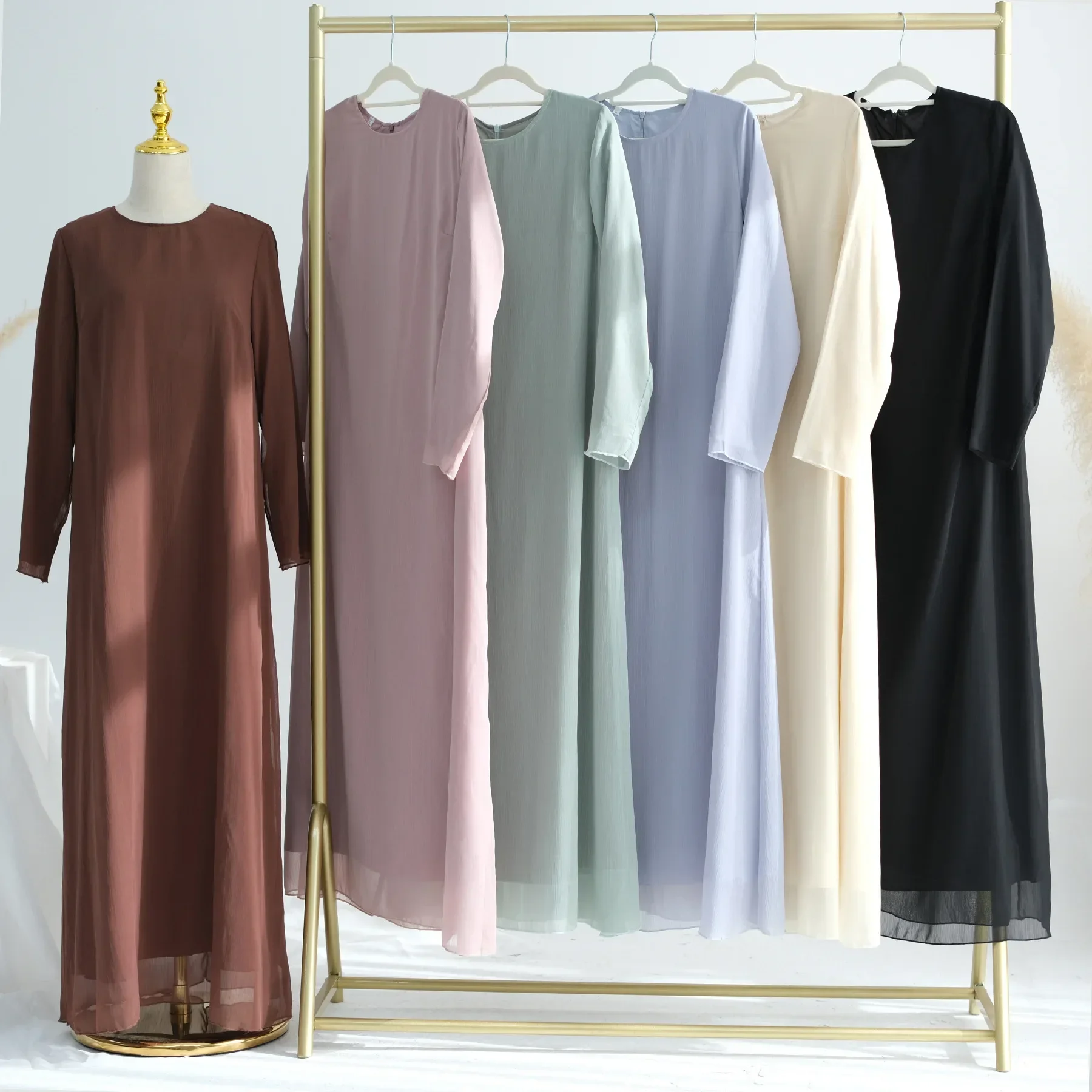 Muslim Set Solid Color Chiffon Long Sleeve Dress and Front Open Abaya Ramadan Abaya Islamic Clothing Women's Modest Dresses