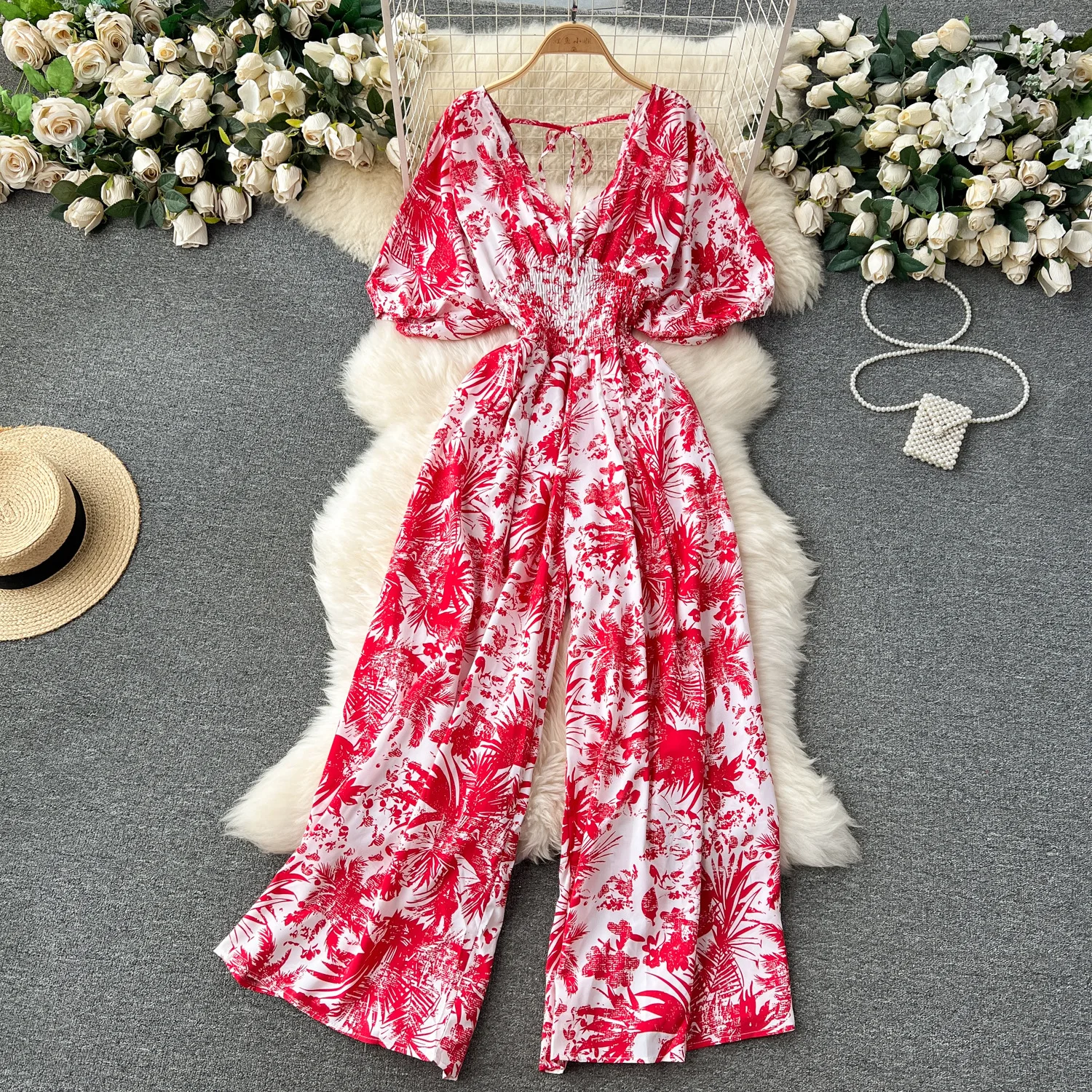 V-Hals Sexy Dolman Mouwen Taille Slanke Bloemenprint Jumpsuit Vrouwen Wijde Pijpen Broek Jumpsuit