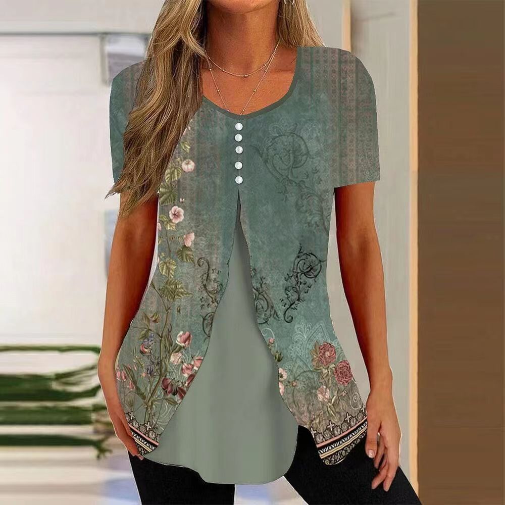 Moda elegante mulher camisa casual blusa solta camisa de manga curta mulher topo férias