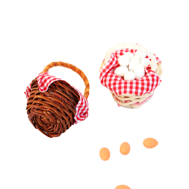 1Set 1:12 Dollhouse Miniature Egg Basket Red Plaid Duck Egg Frame Kitchen Food Model Pretend Play Toy Dollhouse Accessories