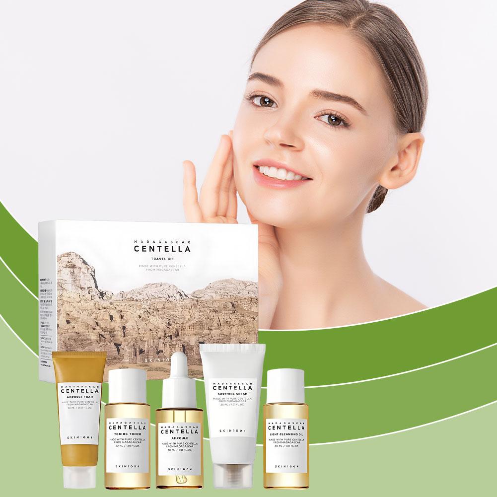 SKIN1004 Centella Asiatica Set de viaje para el cuidado de la piel (tóner de 30 ml, esencia de 30 ml, limpiador de 20 ml, crema de 30 ml, aceite desmaquillante de 30 ml)