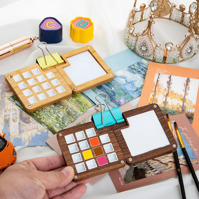 8/15 ตารางแบบพกพา Sketchbook Palette, มินิวอลนัทสีไม้กล่องสีน้ําสําหรับวาด, (ไม่มีสี)