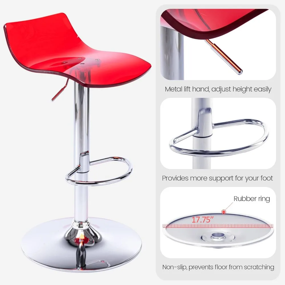 Acrylic Bar Stools Set of 2, Transparent Swivel Adjustable Airlift Barstools with Low Back, Counter