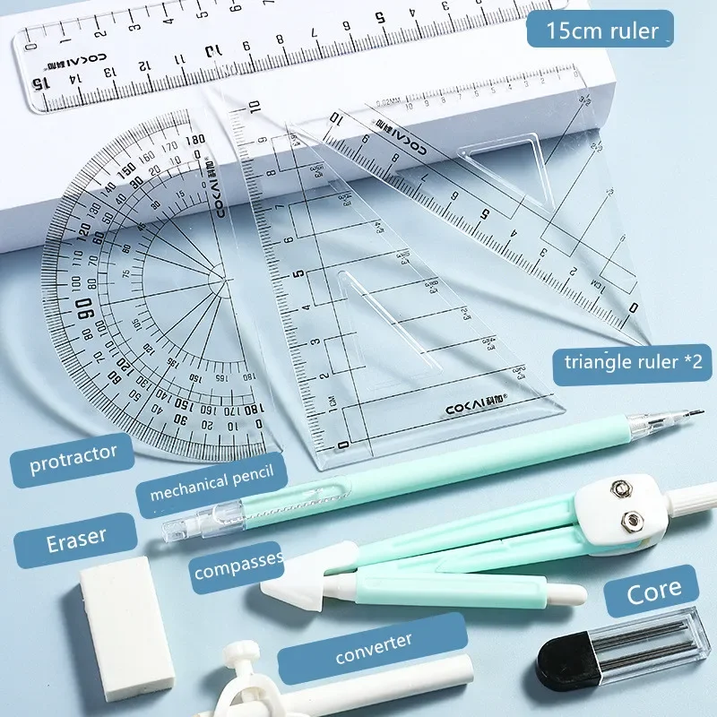 9-piece set of compass and ruler for student exams, as well as math drawing tools for elementary school students