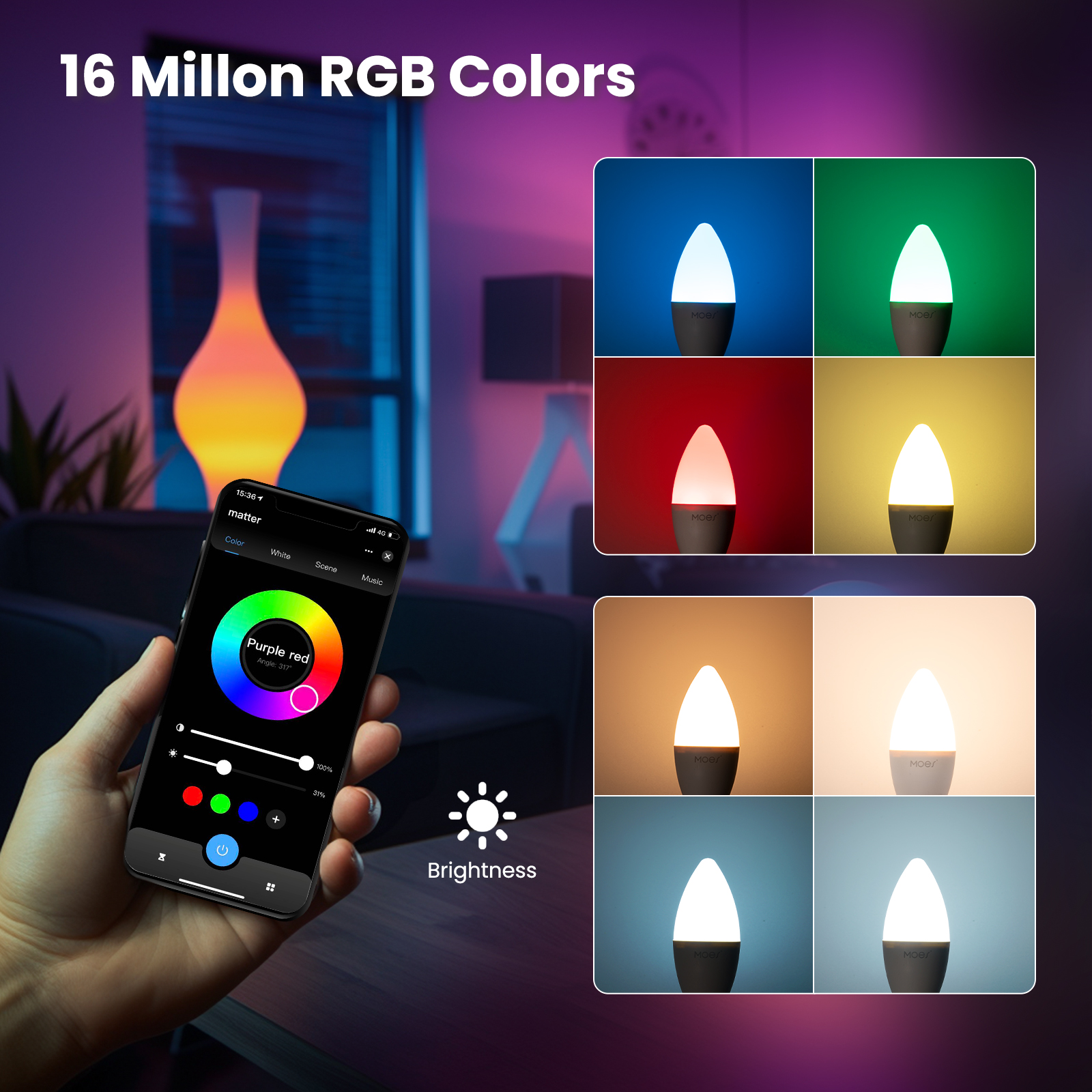 MOES Tuya Matter WiFi Smart Bulb Dimmbares LED-Licht 16 Millionen RGB-Farben E14 Kerzenlampe Sprachsteuerung Alexa Google Home