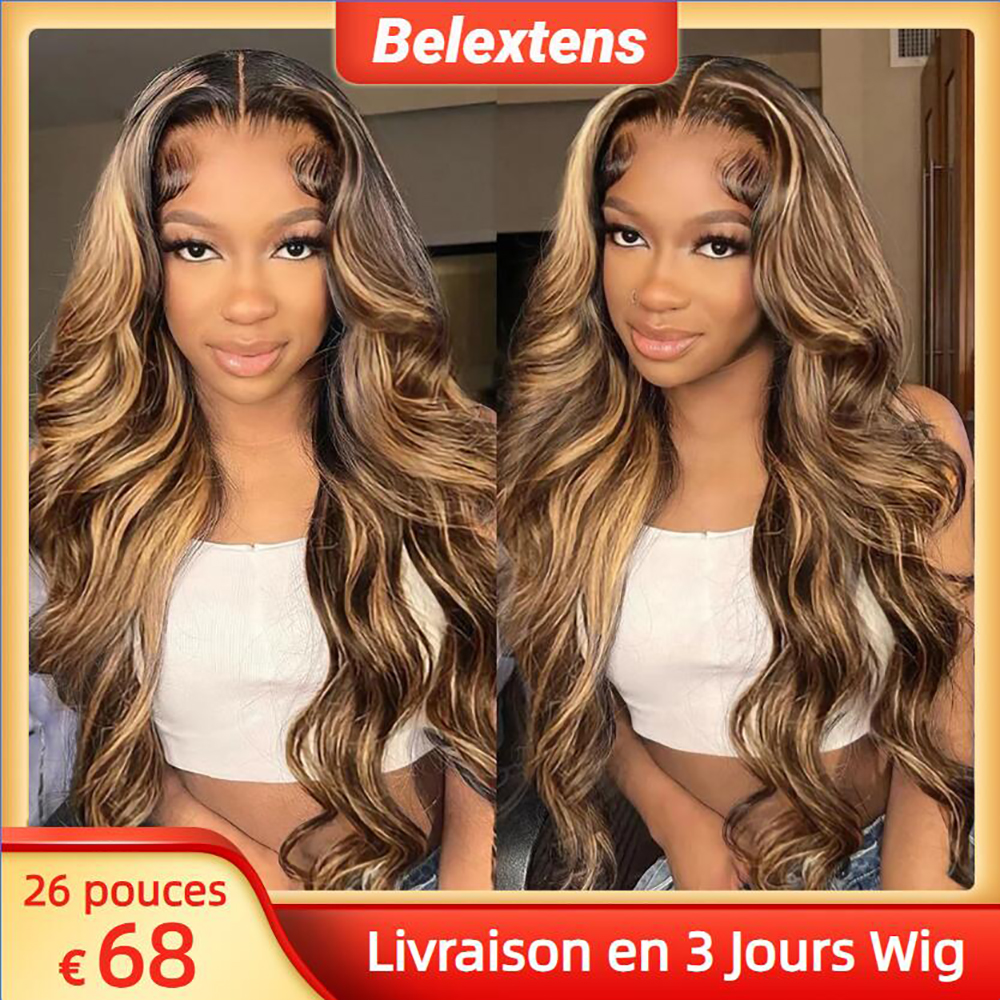 Ombrés Blond Perruques Cheveux Humains Body Wave à Reflets Miel 13x4 Frontale Perruque Blonde P4/27 Perruque Femme Transparente Dentelle Perruque Livraison 3 Jour France