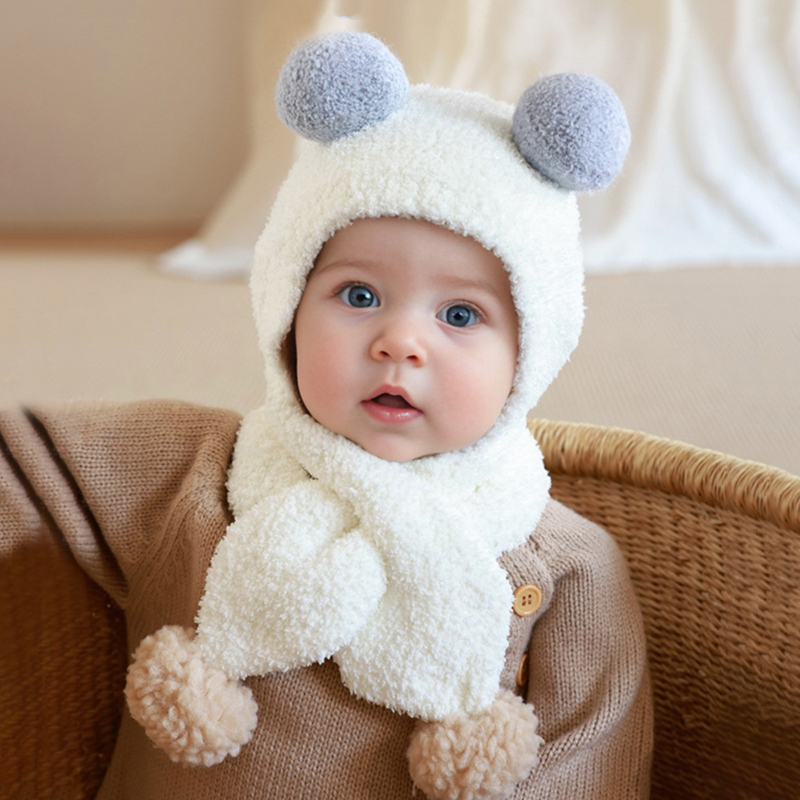Chapéus e cachecol do bebê ajustado para a criança do inverno, velo coral, chapéu morno, gorro do tempo frio do infante com aquecedor do pescoço, tampas bonitos do menino e da menina