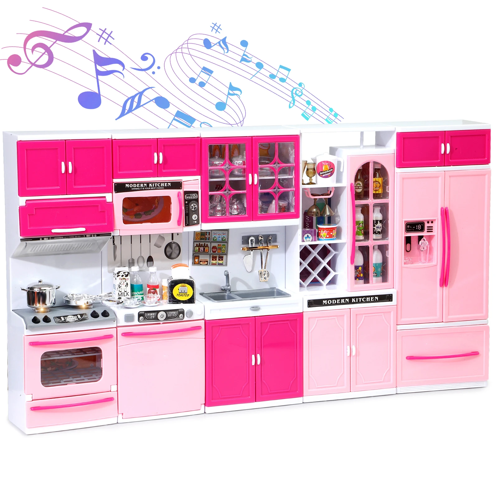 Juego de simulación combinado de cocina rosa, juego de juguetes de 5 piezas con luces y sonidos, para niñas, Navidad/Halloween/ Acción de Gracias/Año Nuevo