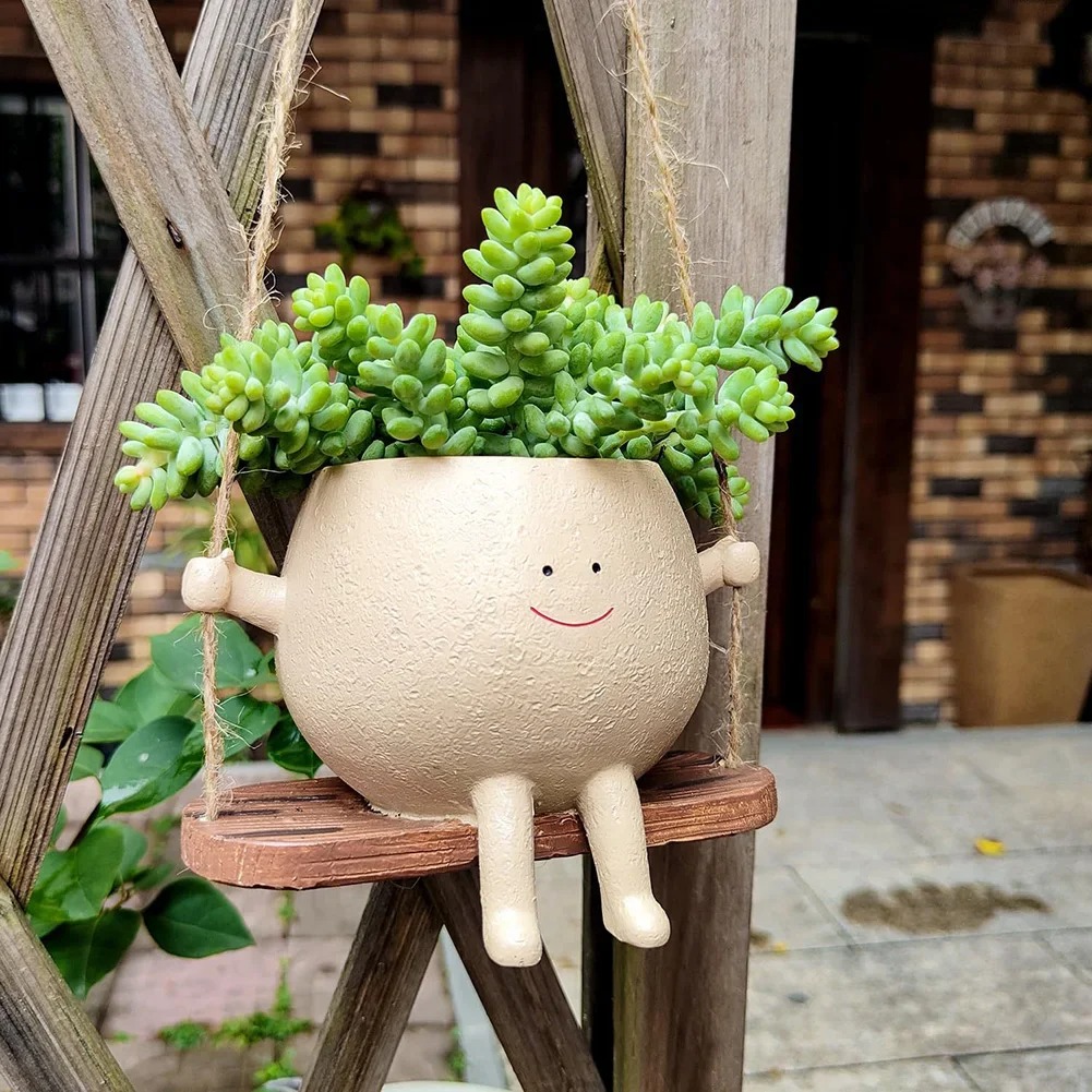 Resin Cartoon Swing Wall Hanging Flowerpot - Creative Head Planter for Home Garden Patio Decor, Multifunctional Outdoor Planters