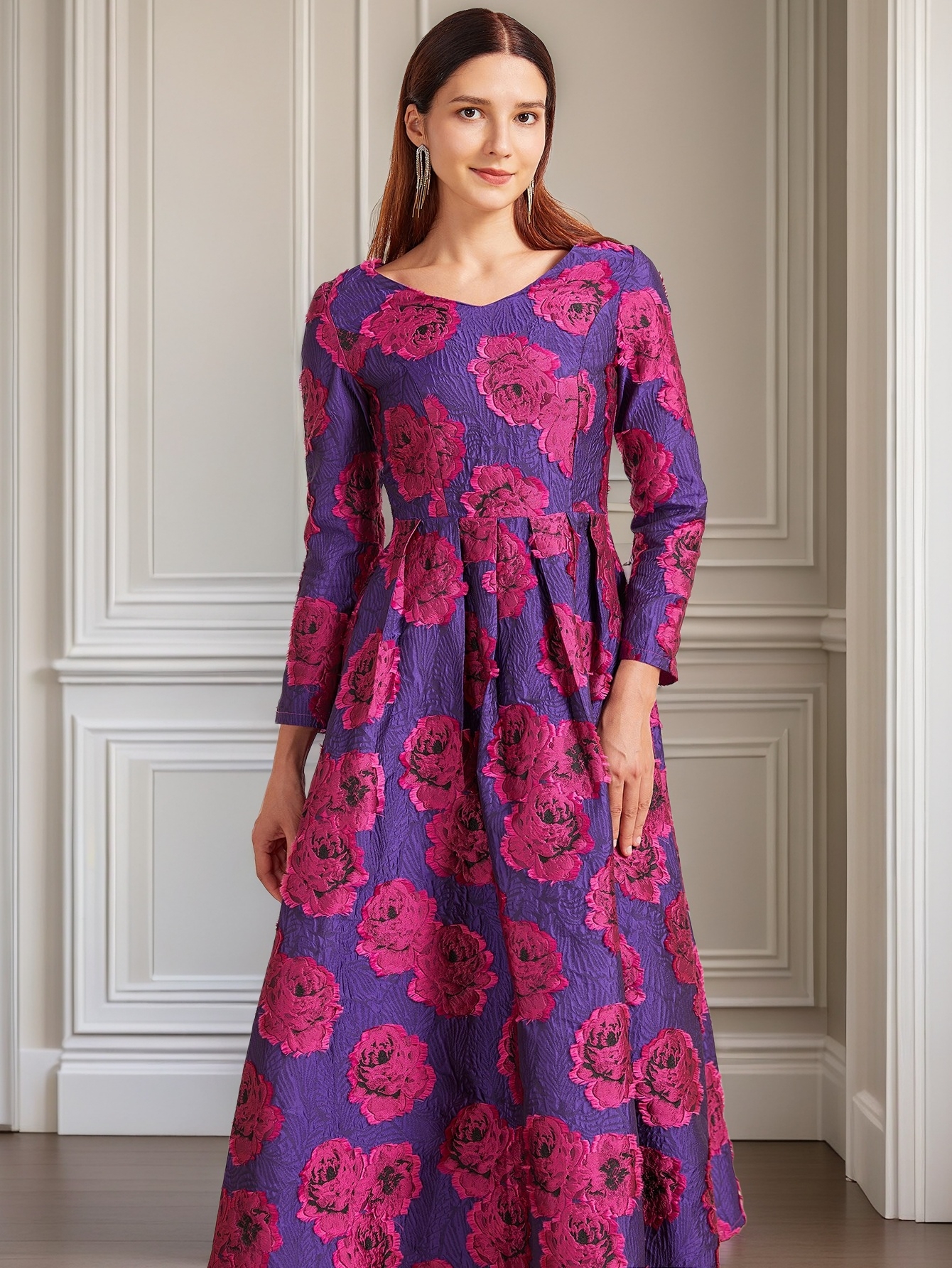 Luxe Lange Jacquard Jurk Voor Vrouwen Maxi Herfst Winter Feestjurk Boho Bloemenmode Avond Kleding Vintage Gewaad