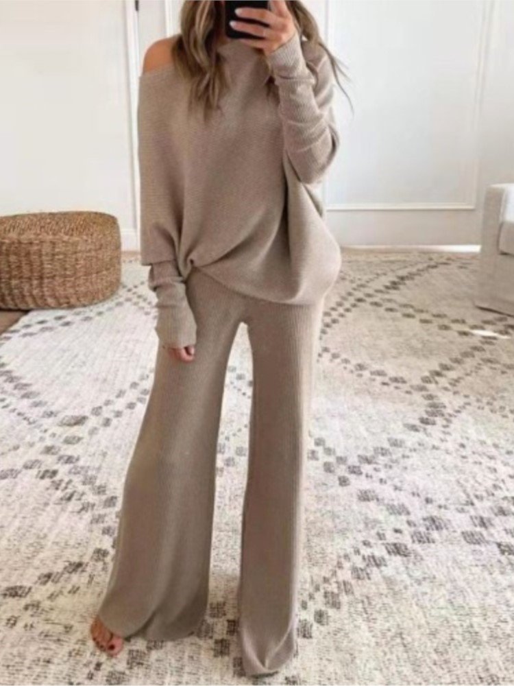 Conjunto de 2 piezas de Top y pantalones de pierna ancha con cuello barco de manga larga para mujer, traje holgado de punto de Color sólido elegante para otoño