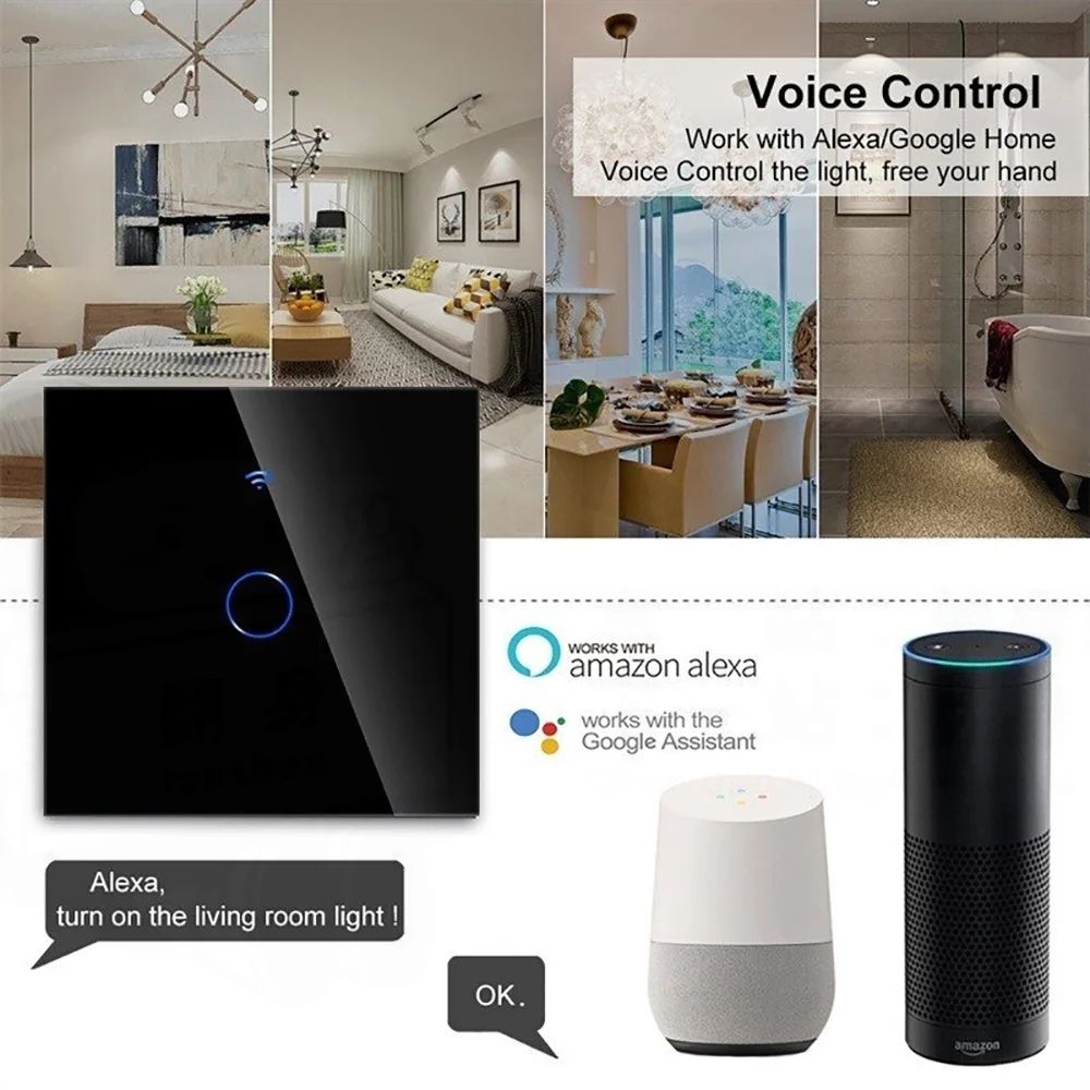Tuya WIFI Smart RF433 Wall Galss Panel Switch EU 1/2/3/4 Gang Smart life App Voice Control Work With Alexa Google Home