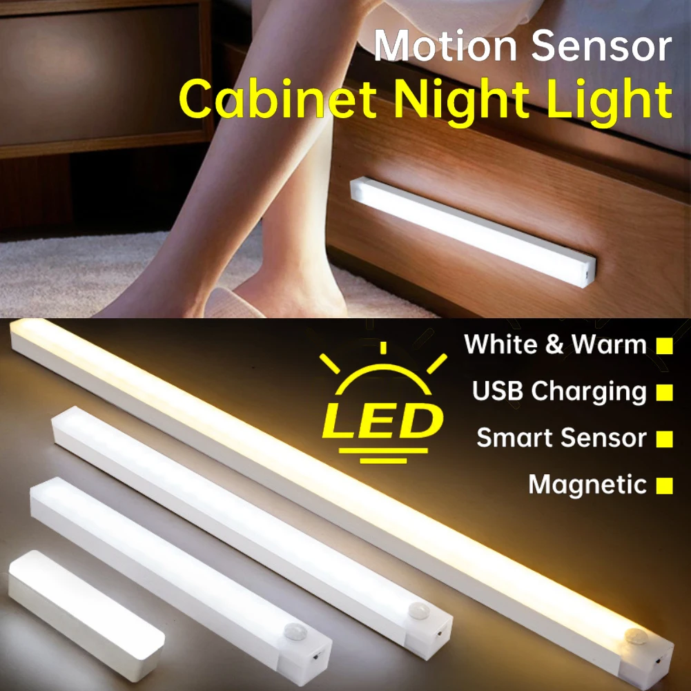 Luz nocturna con Sensor de movimiento, luz LED inalámbrica tipo USB, recargable, para armarios de cocina, dormitorio, armarios, iluminación de escaleras