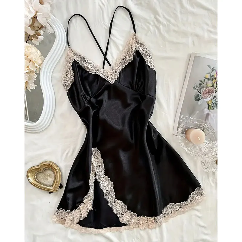 Fora do ombro ultra curto sexy sutiãs pijamas casa vestidos noite camisas sexi camisola feminina lingerie de seda ver através do vestido