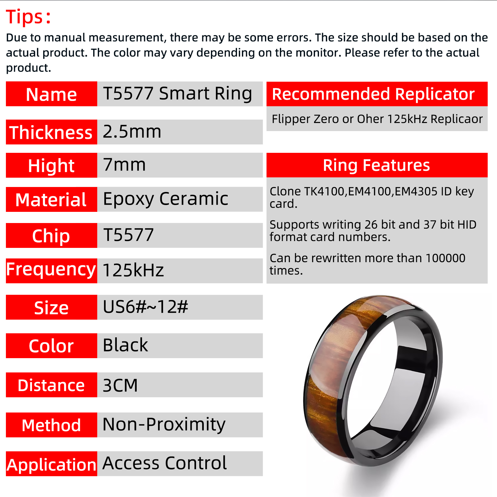 Anneau intelligent RFID à puce T5577, en céramique, résine époxy, Clone réinscriptible, 125kHz, contrôle d'accès, verrouillage, cartes clés