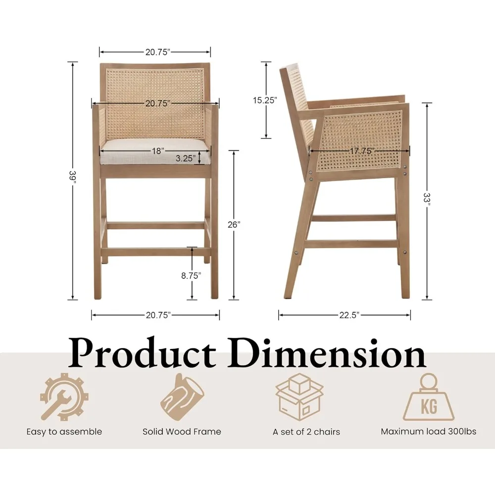 Rattan Bar Stools Set of 2 Modern Farmhouse Counter Height Barstools with Back and Arms Mid Century Natural Wood Counter Stools