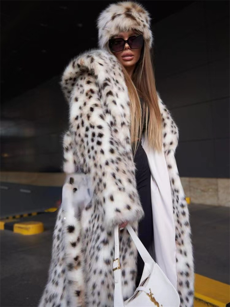 2-farbige Winter Warm Lose Plüsch Windjacke Mit Hut Frauen Faux Fuchs Pelz Schwarz Weiß Dot Leopard Mantel Damen Dicken langen Mantel