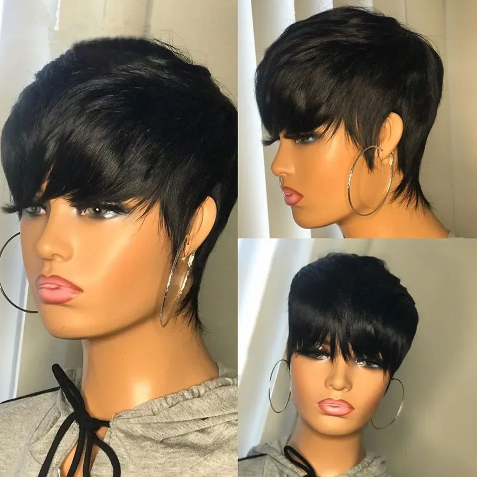 Cabelo humano brasileiro em linha reta pixie bob peruca curta com franja cabelo remy máquina completa feita para preto feminino acessível usar para ir