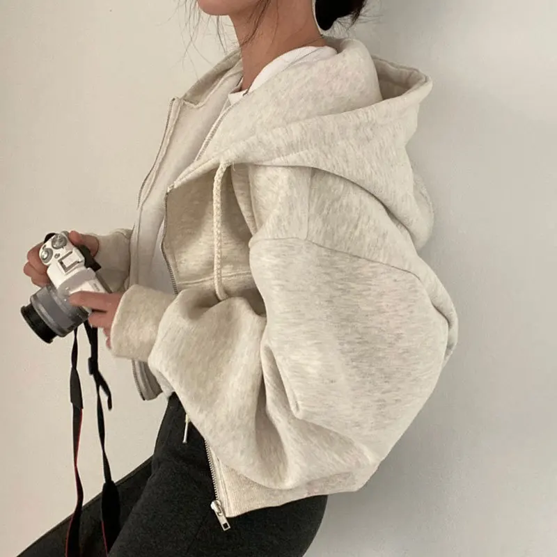 Sudadera con capucha informal para mujer, sudaderas con cremallera Y2K, camisa de manga larga Harajuku lisa, Tops cortos de gran tamaño, chaquetas sueltas para mujer, abrigo