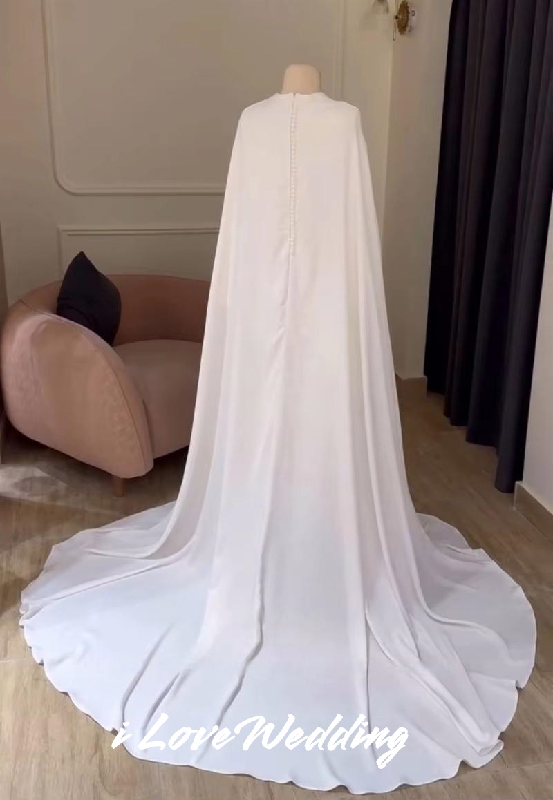 White O-Neck Wedding Dress 2025 Shawl Long Sleeve Button A-Line Saudi Arabia Sweep Train Muslim Floor-Length Pleated Customized
