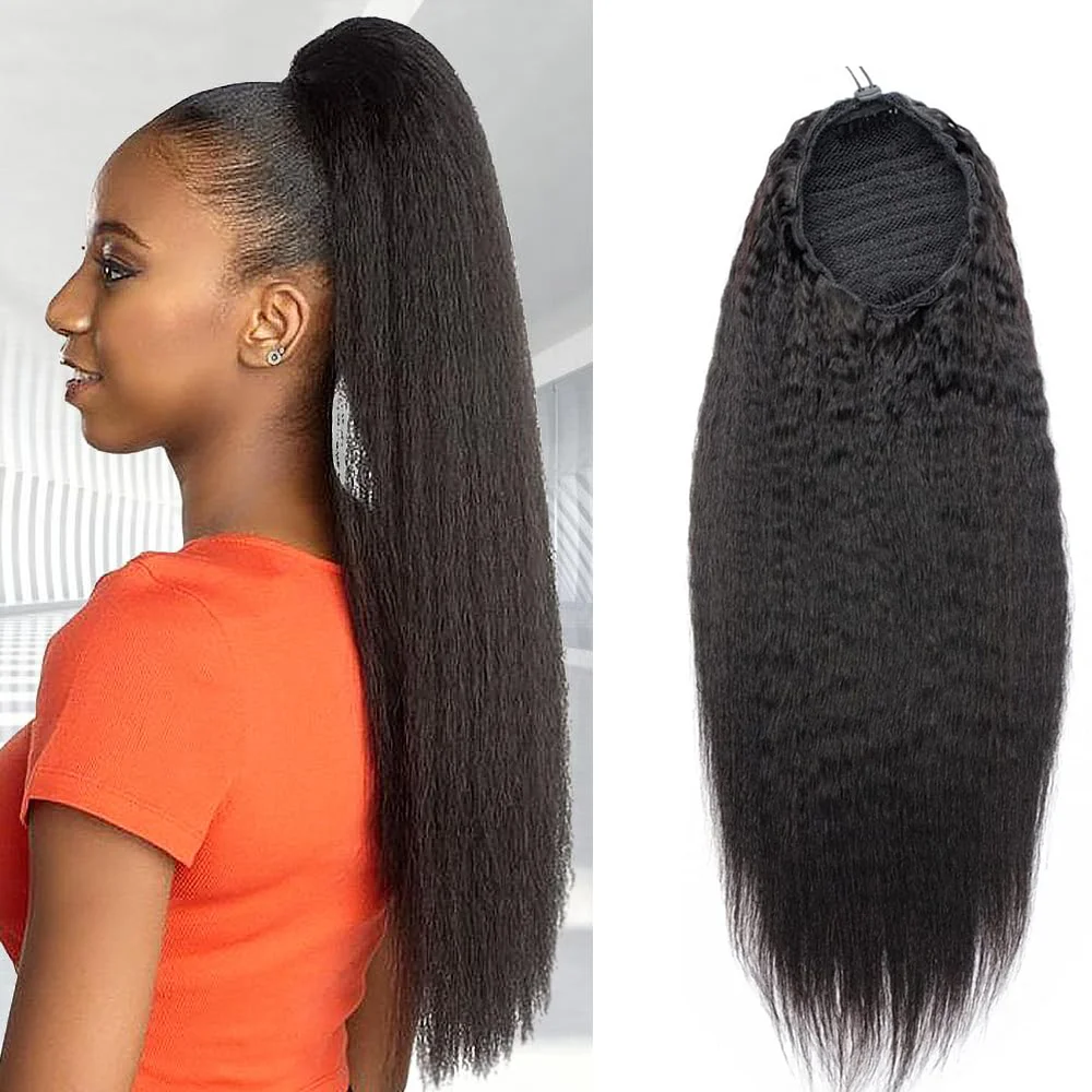 Kinky reta rabo de cavalo extensão do cabelo humano 100% cabelo real envoltório em torno do cordão em rabo de cavalo natural preto 1b 100g para mulher