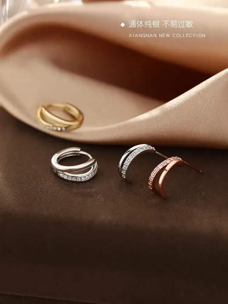 Chất Liệu Bạc 925 Đôi Khuyên Tai Vòng Tính Khí Đơn Giản Dát Đá Zircon Cho Nữ Cưới Phụ Kiện Trang Sức